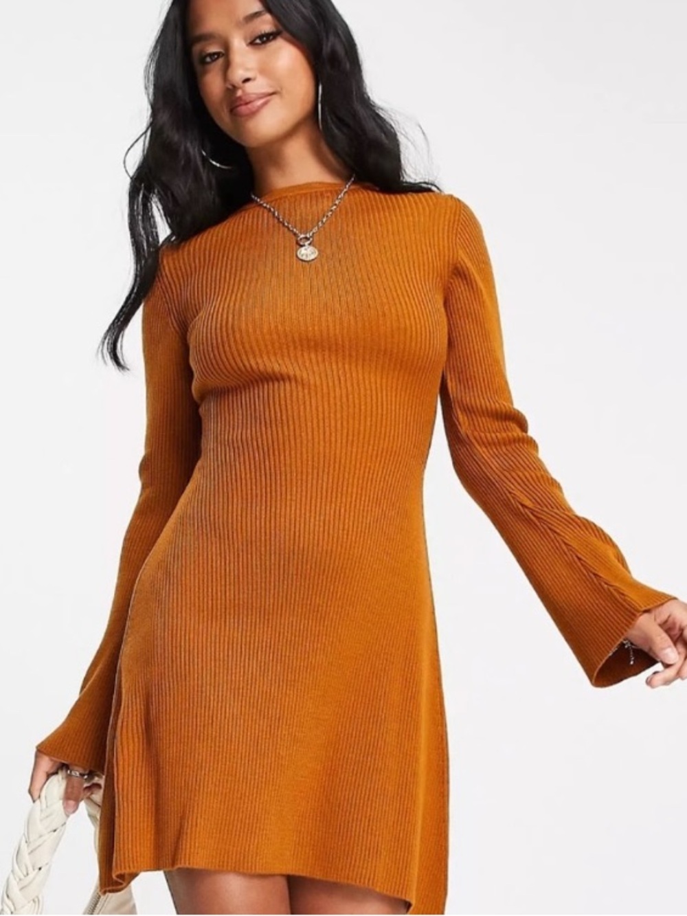 ASOS Ribbed Long-Sleeve Knit Mini Dress in Camel